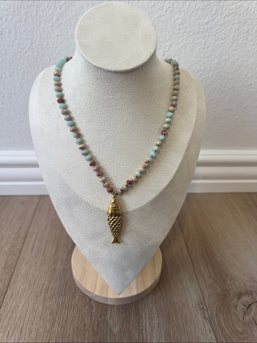 Gold Fish Pendant Necklace with Mint and Rose Beads